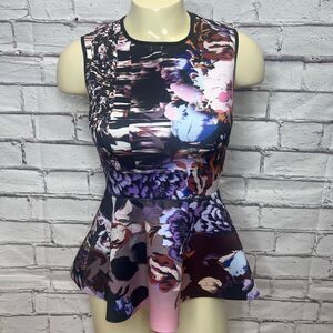 Clover Canyon Womens Multicolor Floral Crew Neck Sleeveless Peplum Top Size XS